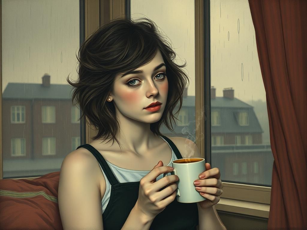 Sorority Girl Sipping Coffee on Rainy Morning