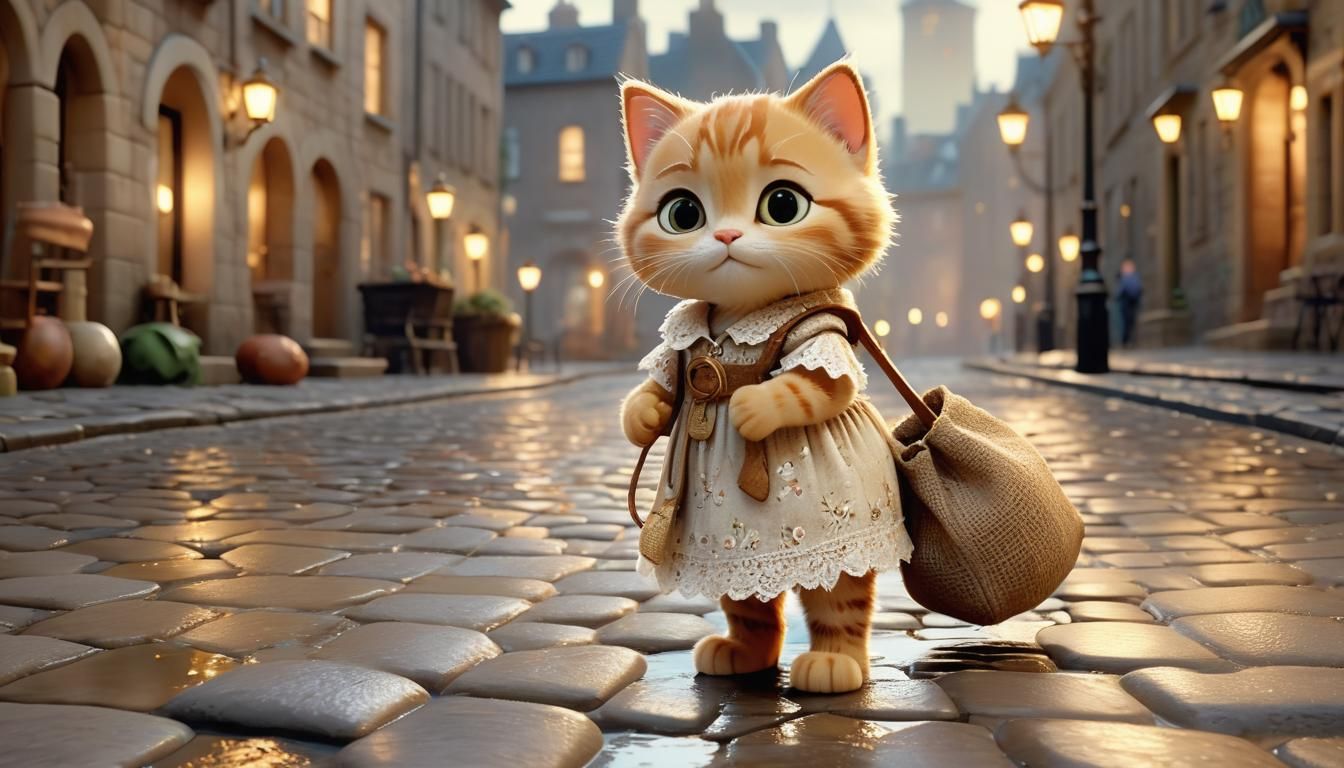 Pixar-Style Kitten with Burlap Sack on Cobblestone Street