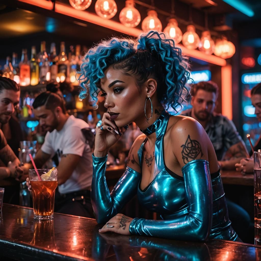 Nightlife Scene of Woman in Latex, Cyberpunk Style