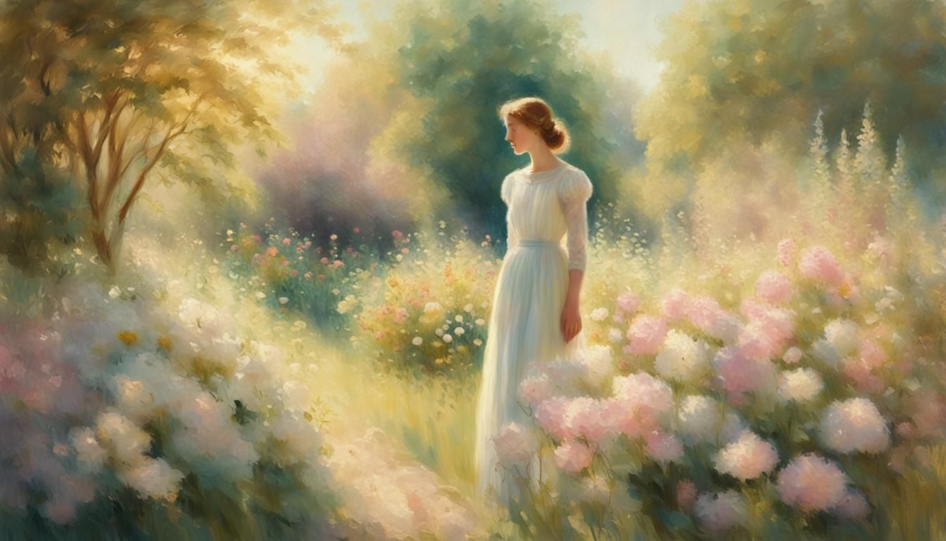 Impressionistic Woman in a Sunlit Flower Garden