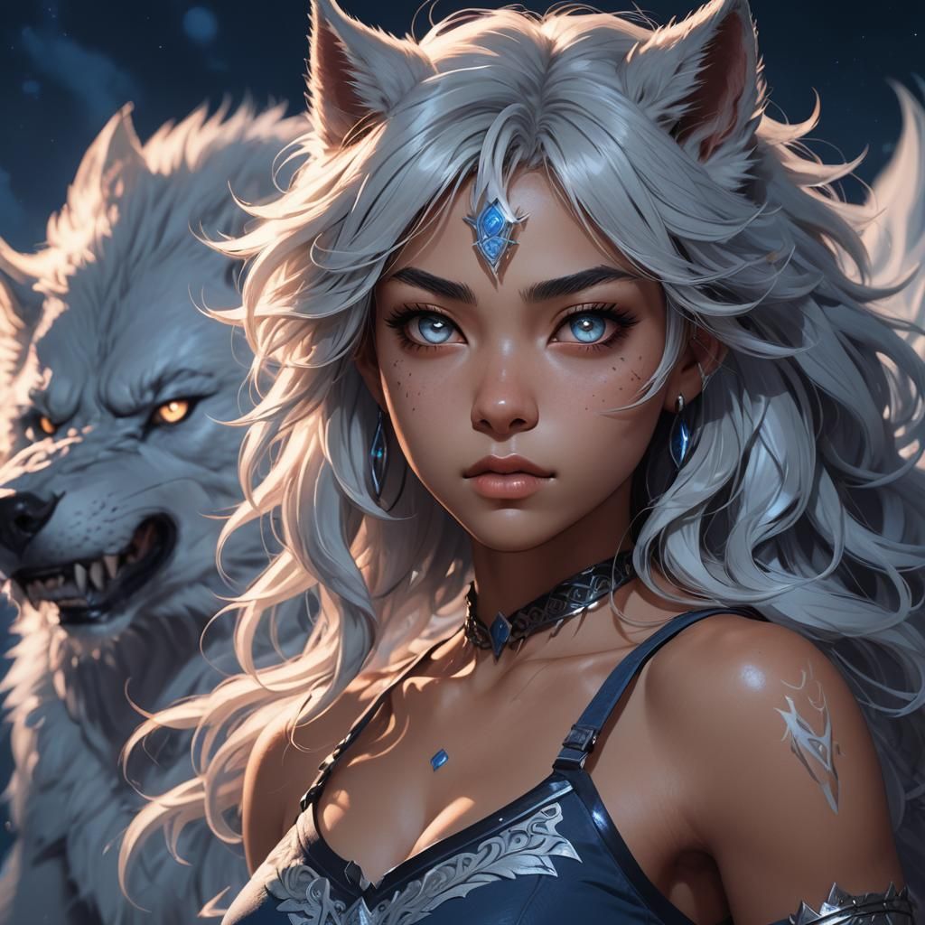 Anime-Inspired Teenage Werewolf Portrait in Moonlight
