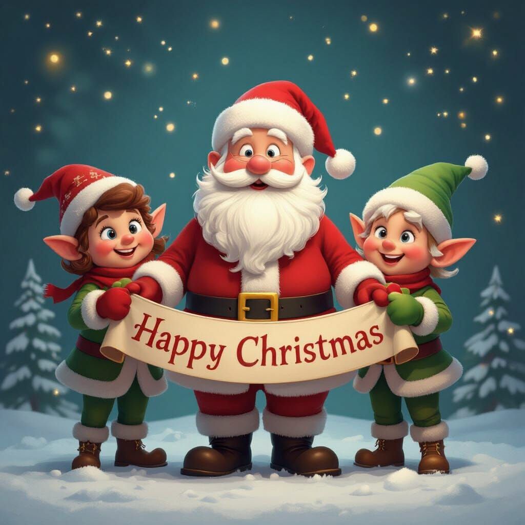Festive Santa Claus and Elves Holding Happy Christmas Banner