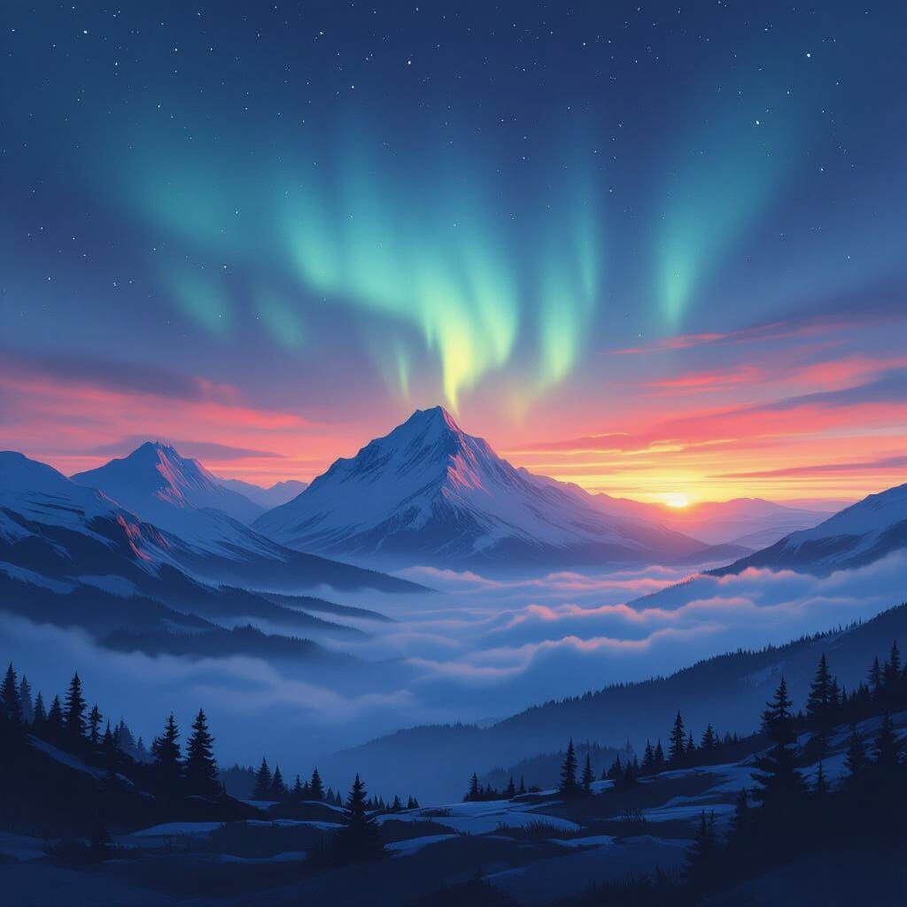 Ethereal Mountain Sunset with Northern Lights