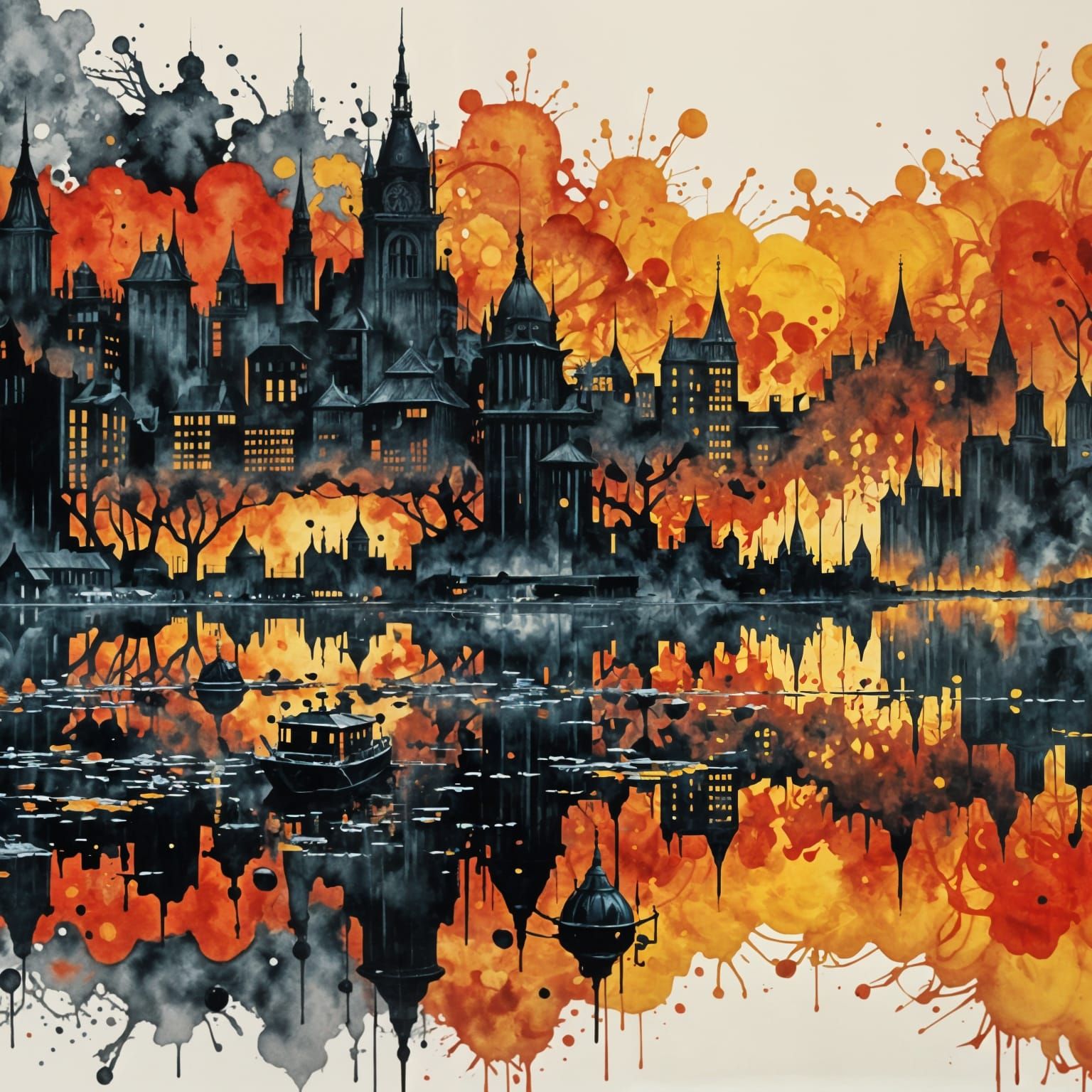 Dramatic Downtown Cityscape in Liquid Watercolor Style