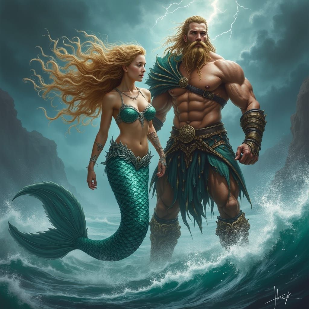 Mythical Mermaid Warrior Battles alongside Chiseled Merman i...