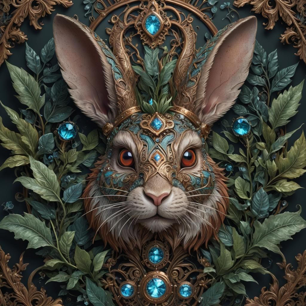 Botanical Steampunk Rabbit Portrait with Floral Motifs