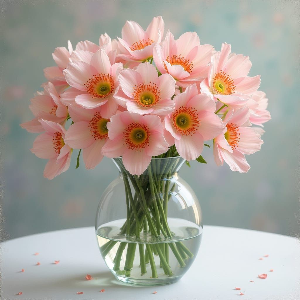 Impressionist-Style Fresia Flowers in Crystal Vase
