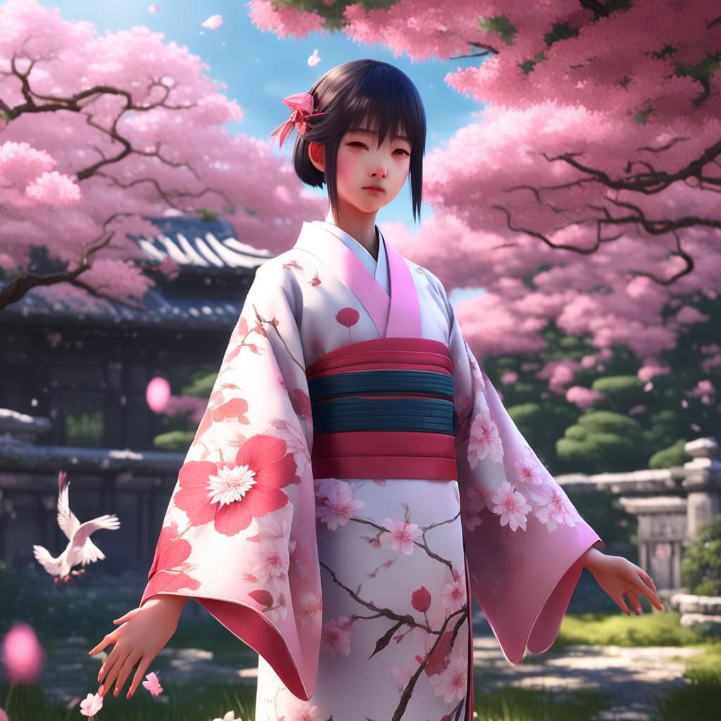 Japanese Woman with Bird in Garden: Anime Art