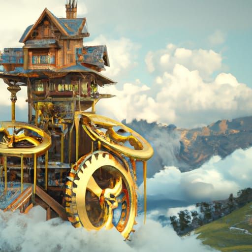 Epic Cloud House with Golden Gears in Mountains