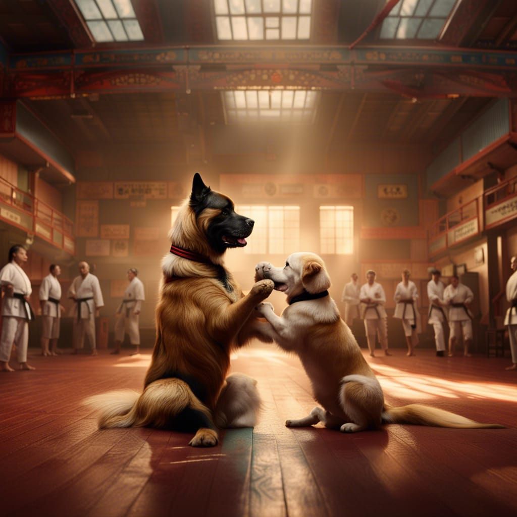 Dogs Sparring in Karate Dojo: Digital Matte Painting