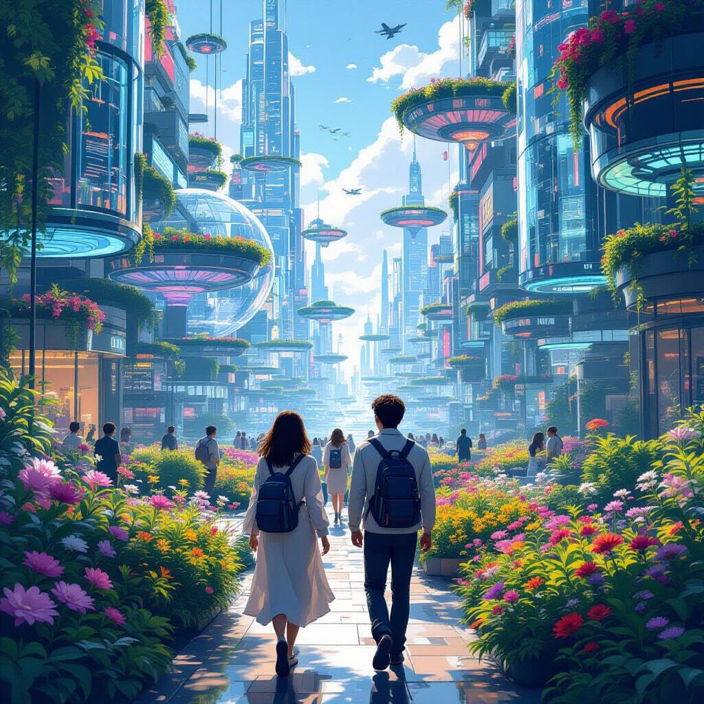 Futuristic City with Flying Gardens and Bioluminescent Build...