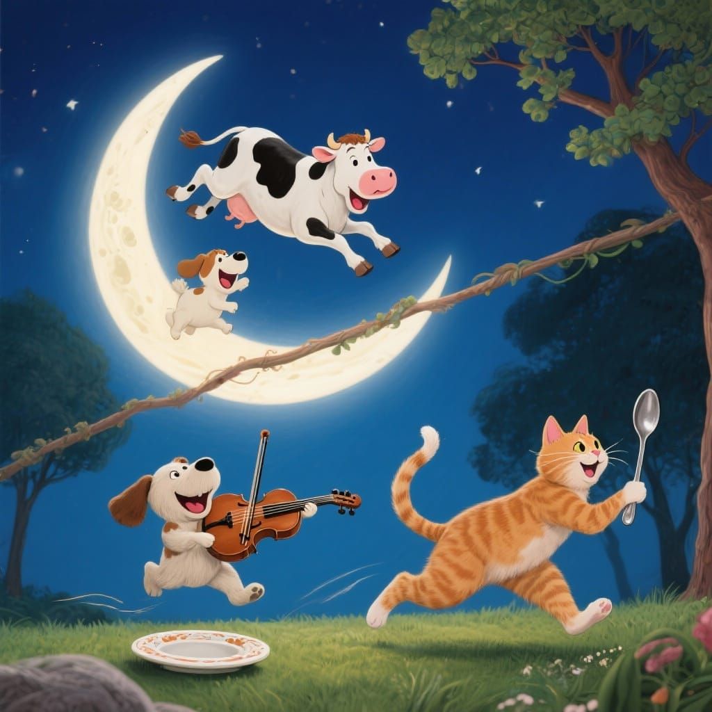 Whimsical Night Scene: Cow Jumps Over Moon with Animals