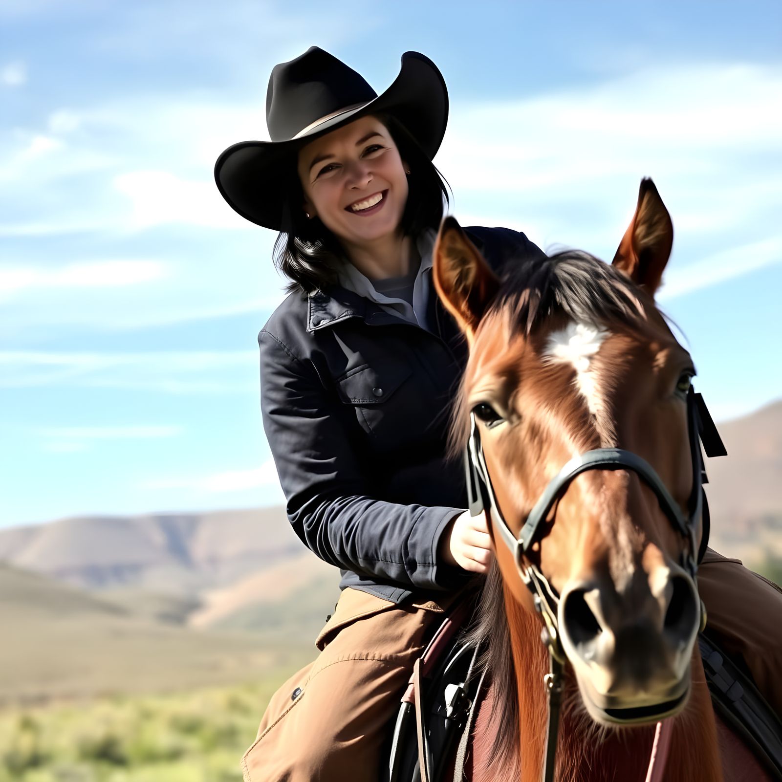 Rural Cowboy Woman Riding Horse in Sunset Landscape