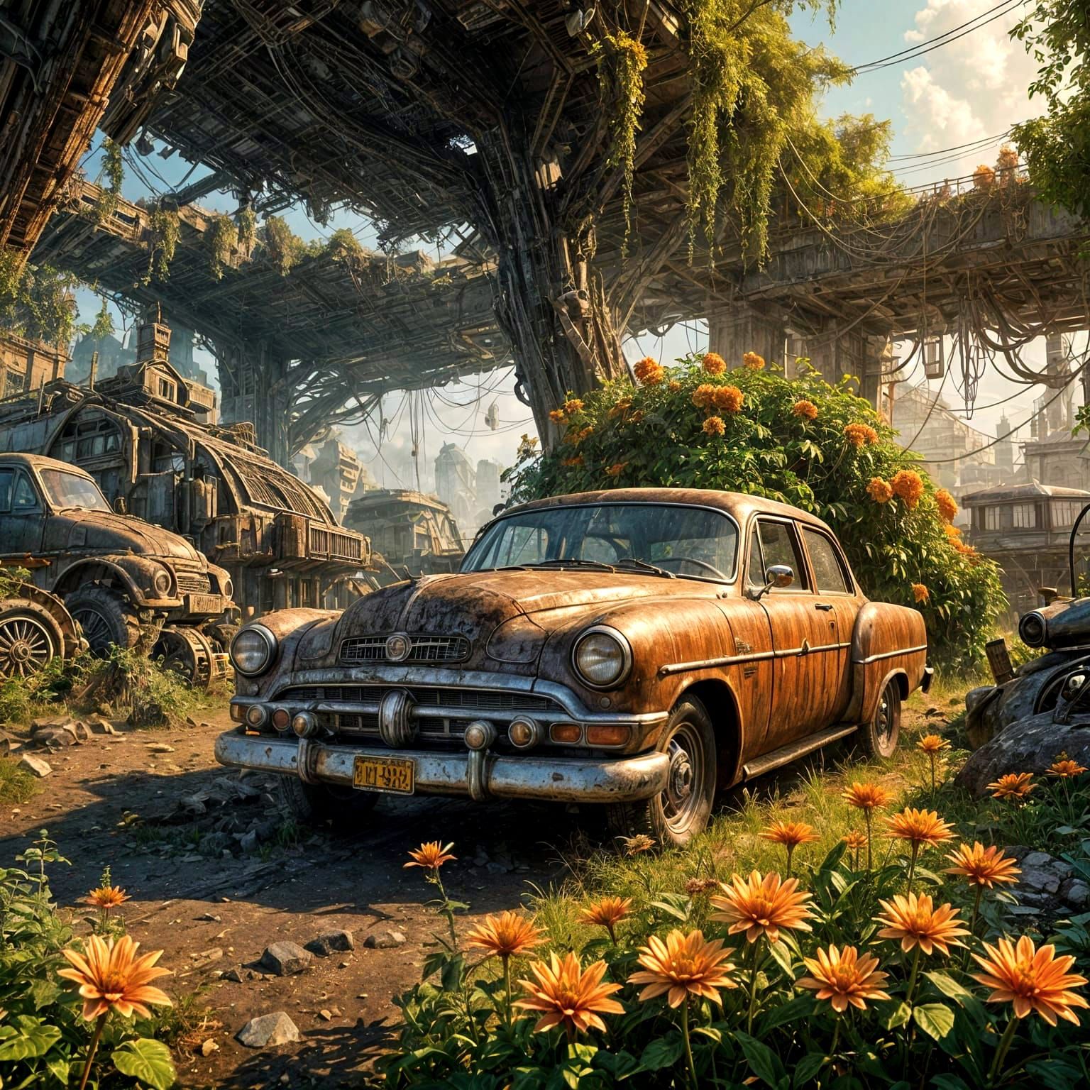 Post-Apocalyptic Retro-Futuristic Cityscape in Dreamlike Sty...