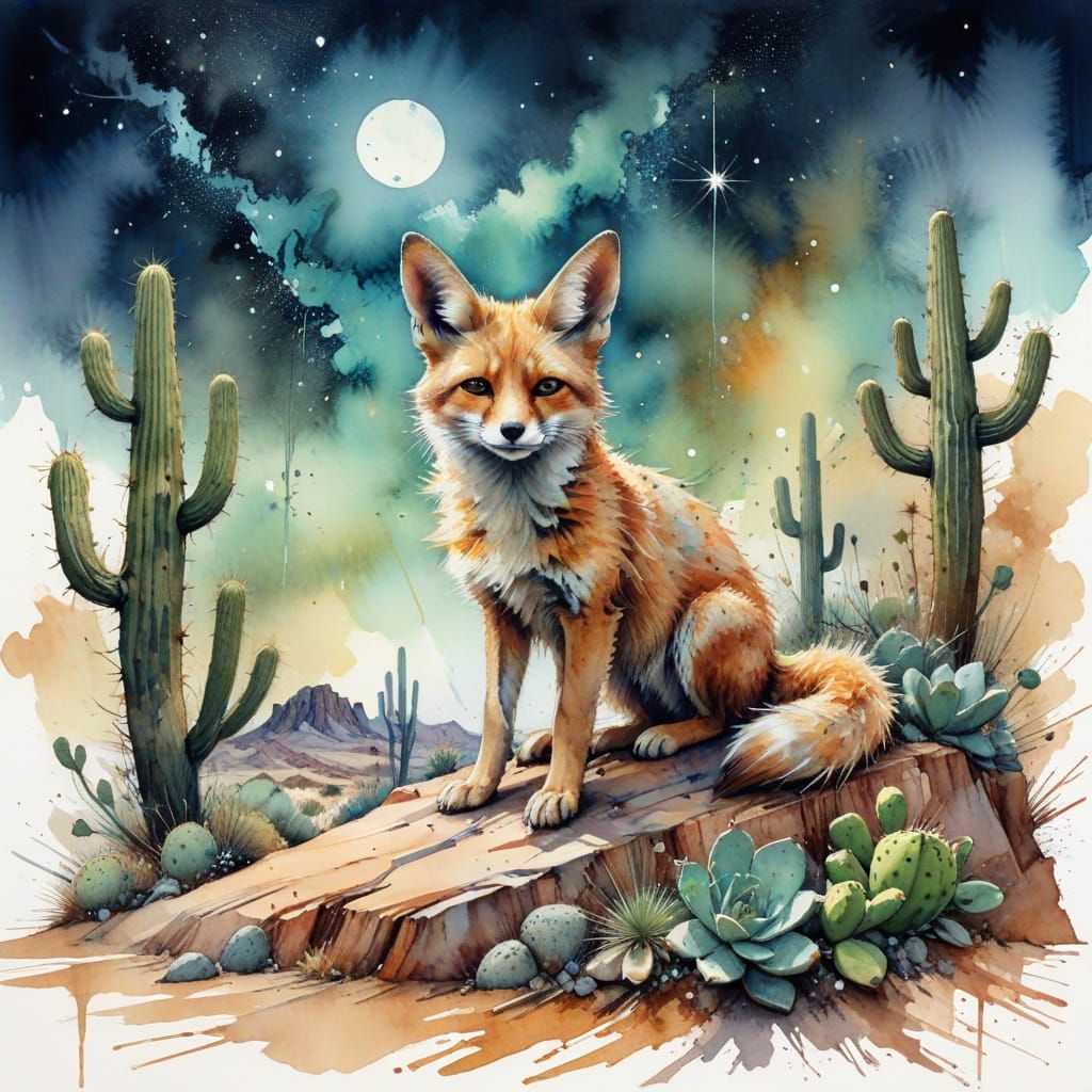 Ancient Desert Fort Amid Swirling Sands and Cacti