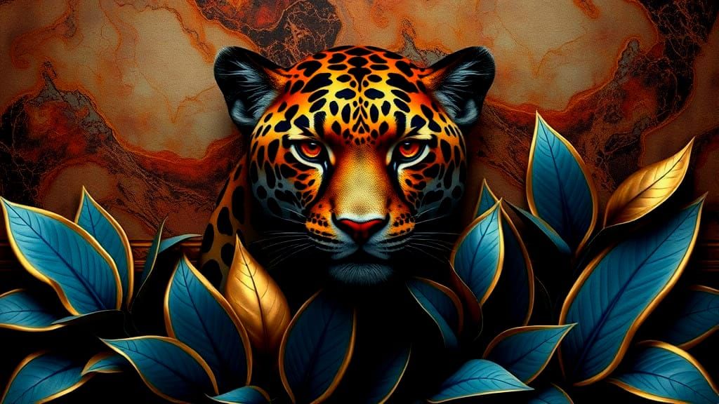 Ancient Scroll Background Unveils Shimmering Bronze Jaguar