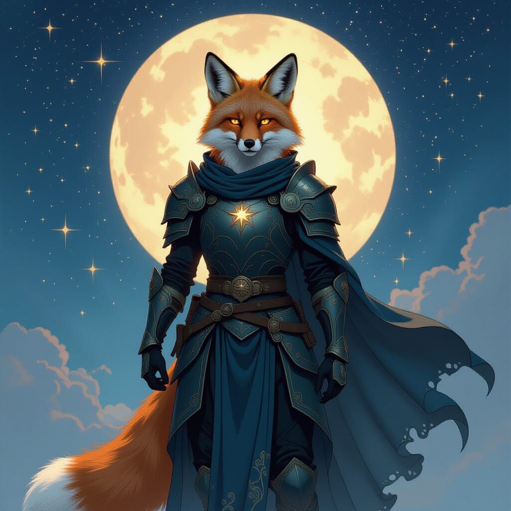 Fox Warrior Commands Celestial Battlefield, Art Nouveau Styl...