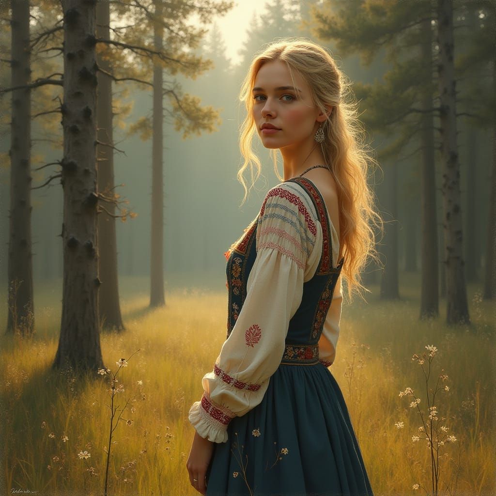 Scandinavian Woman in a Serene Forest Landscape