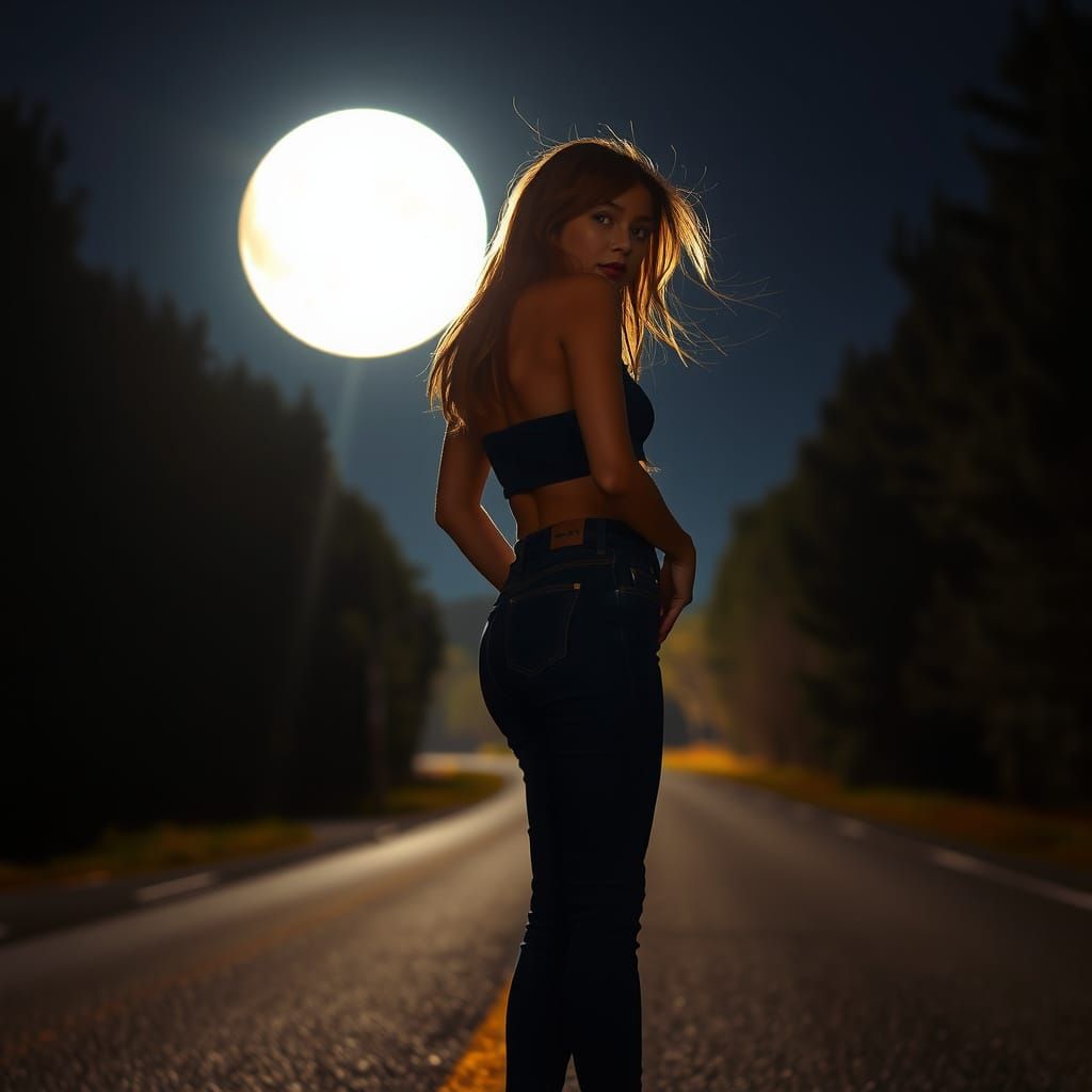 Moonlit Silhouette: Woman on a Quiet Road