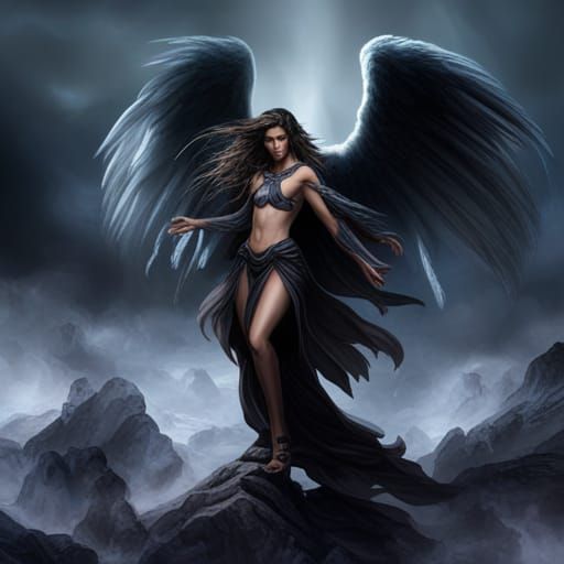 Black Angel on Mountain Top in Detailed Matte Painting