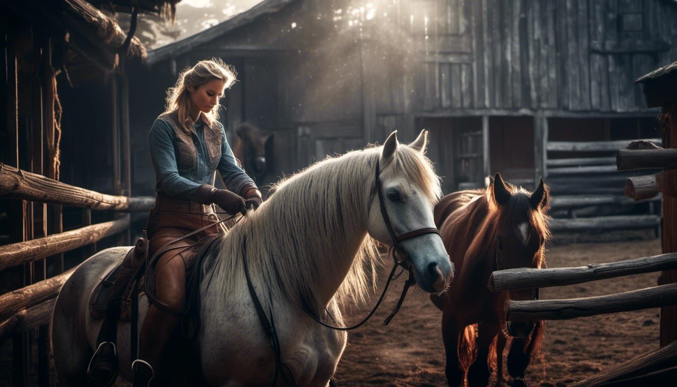 Cowgirl Brushing Horse in Sunlit Stable