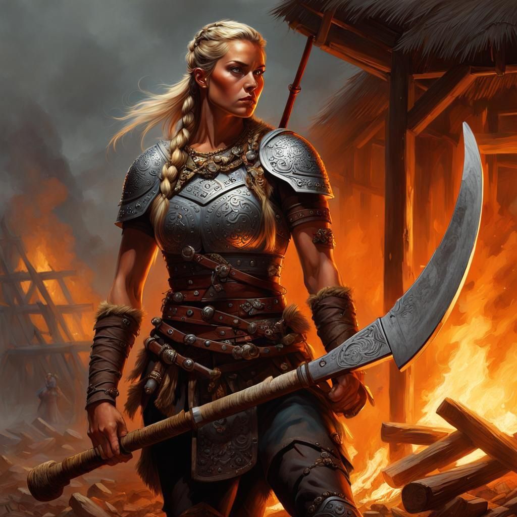 Viking Woman Warrior by Fire with Axe