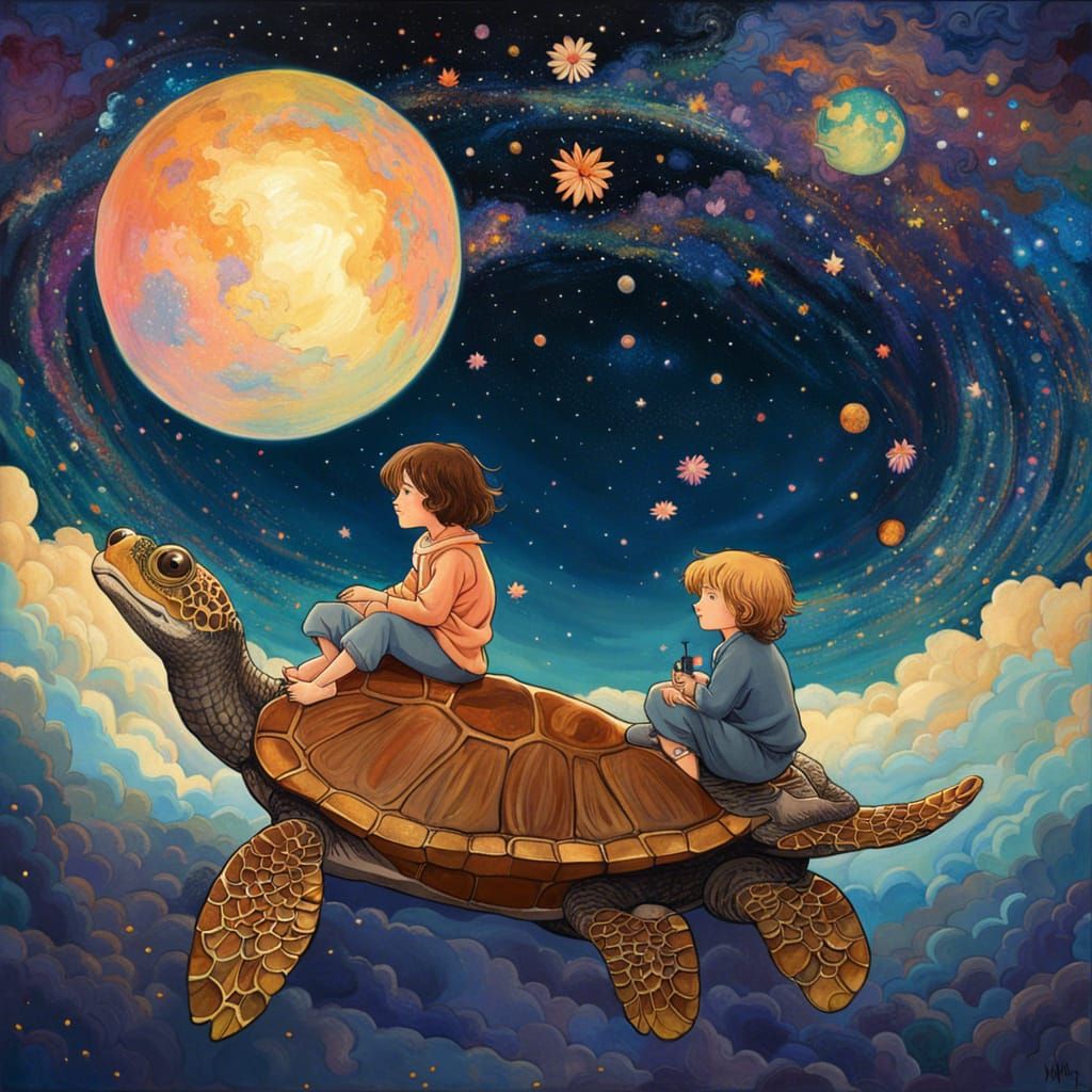 Children's Cosmic Turtle Ride: Japanese Woodblock Style