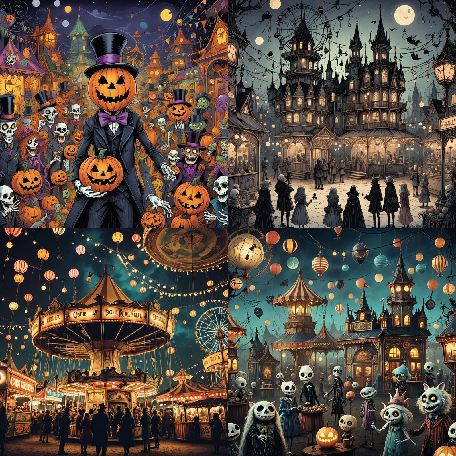 Haunted Carnival with Cute Creatures, Tim Burton Style