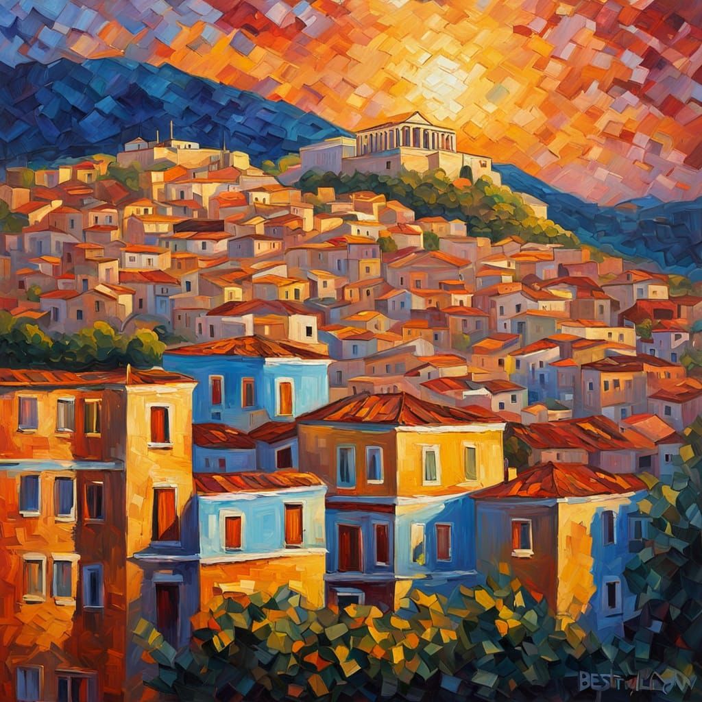 Athens Cityscape in Neo-Impressionist Style