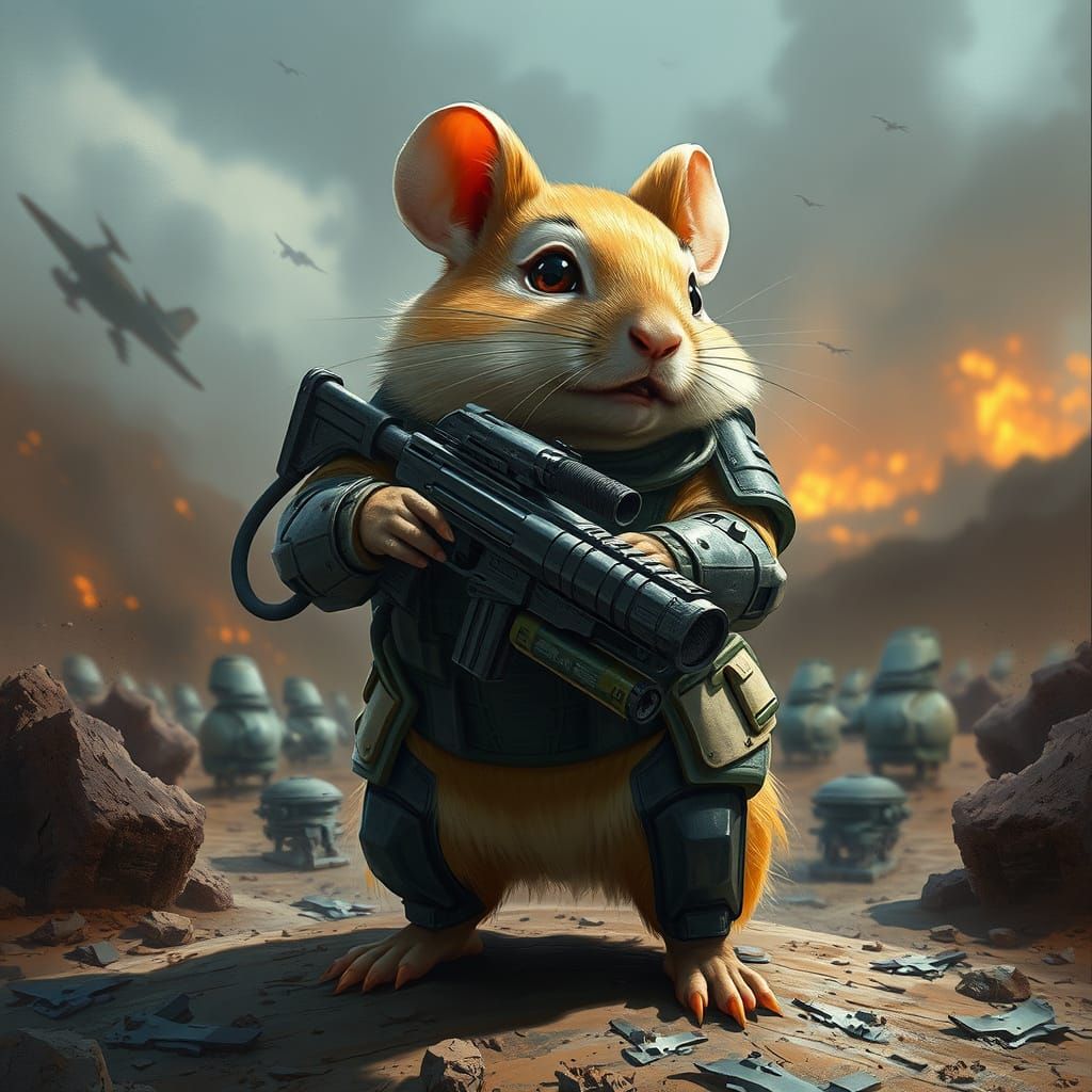 realistic sci-fi armored Gerbil with a grenade launcher on the battlefield