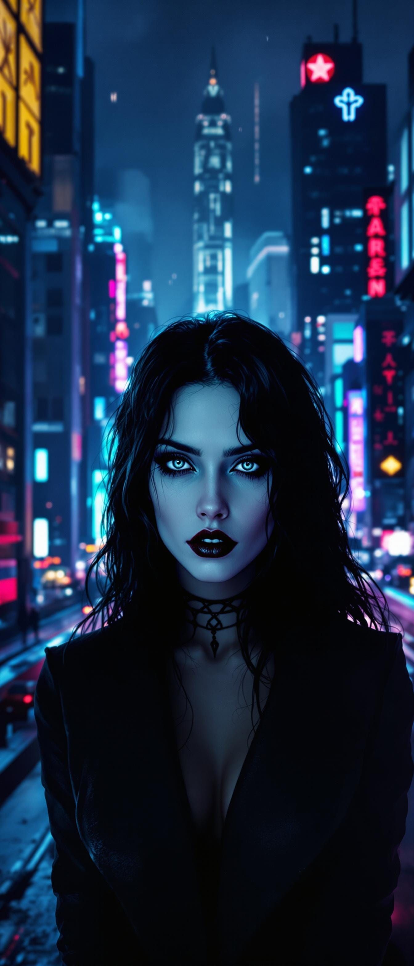 Ethereal Vampire Goddess Amidst Neon Urban Hues
