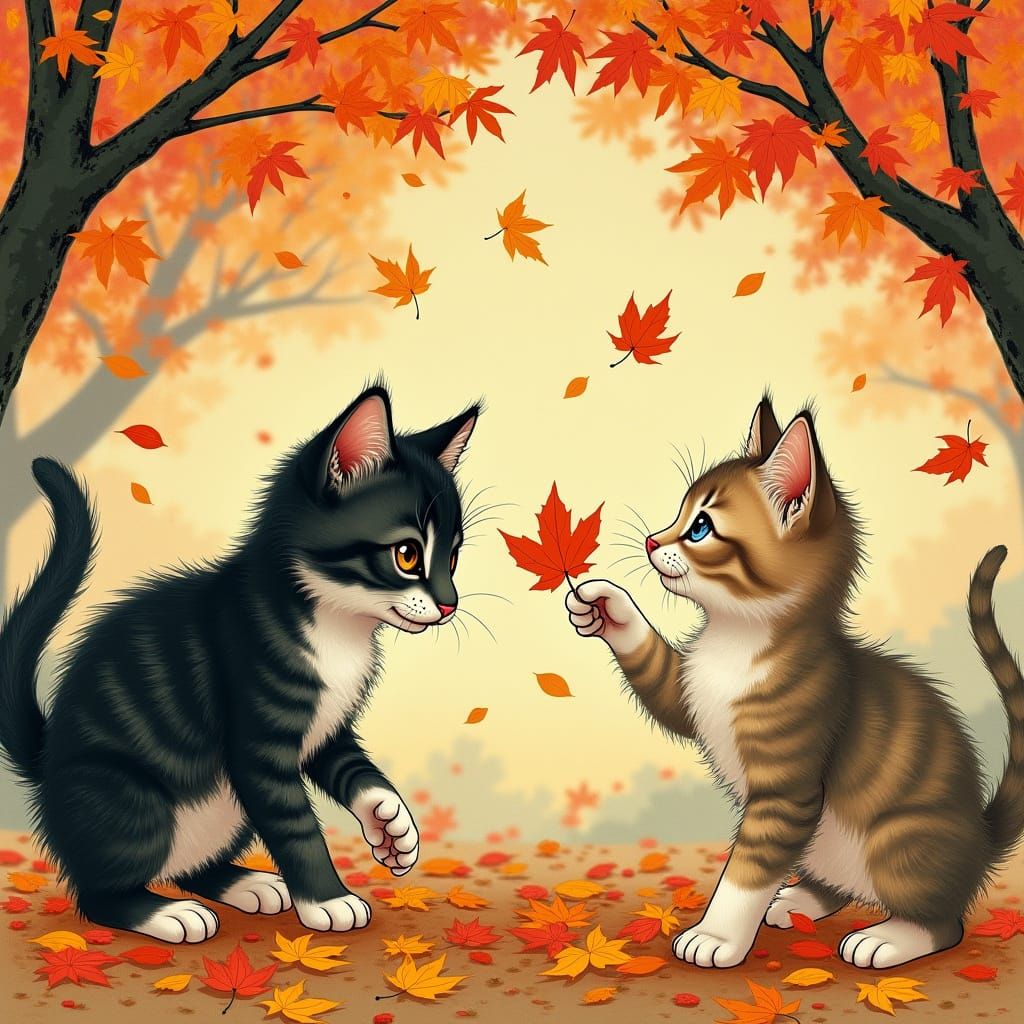 Kittens Playing in Autumn Leaves: Ukiyo-e Style