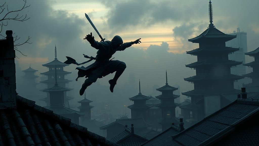 Ninja Leaping Across Cityscape in Gritty Japanese Art Style