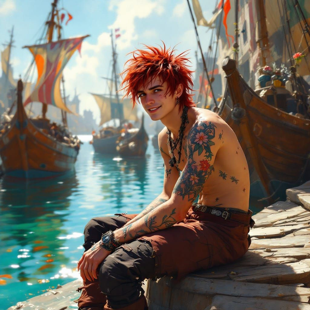 Goth Punk Hippie Man by the Sea, Artistic Painting