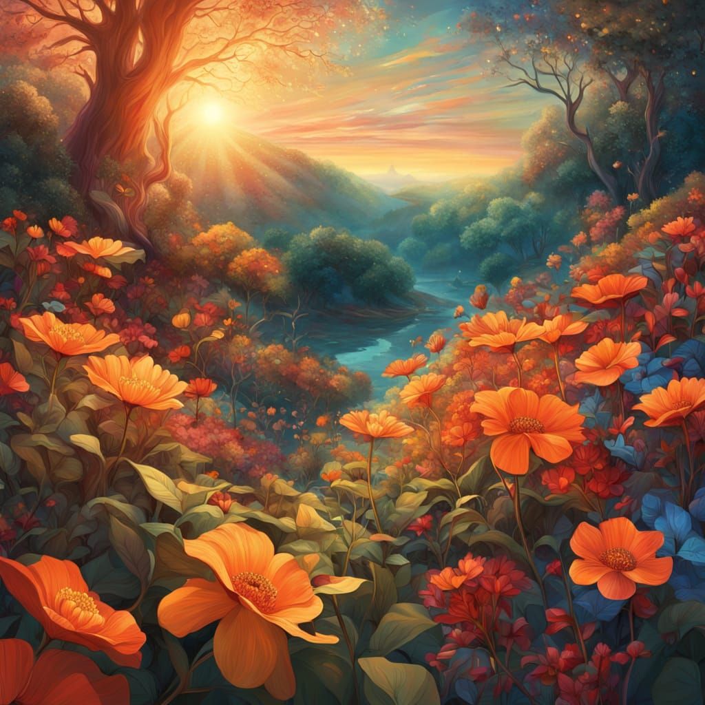 Enchanted Forest with Geometric Flowers and Golden Dust