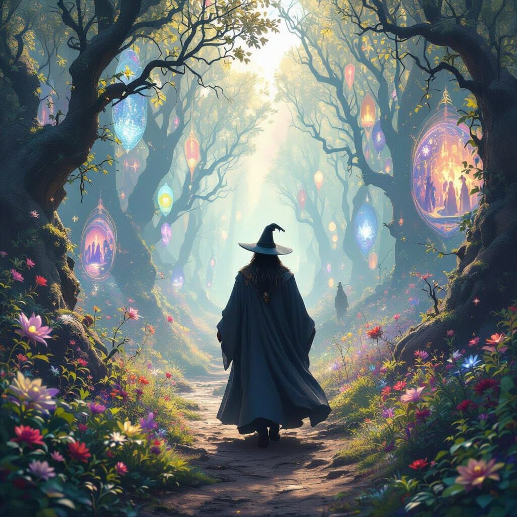 Wizard in Shimmering Forest of Time, Ethereal Digital Art
