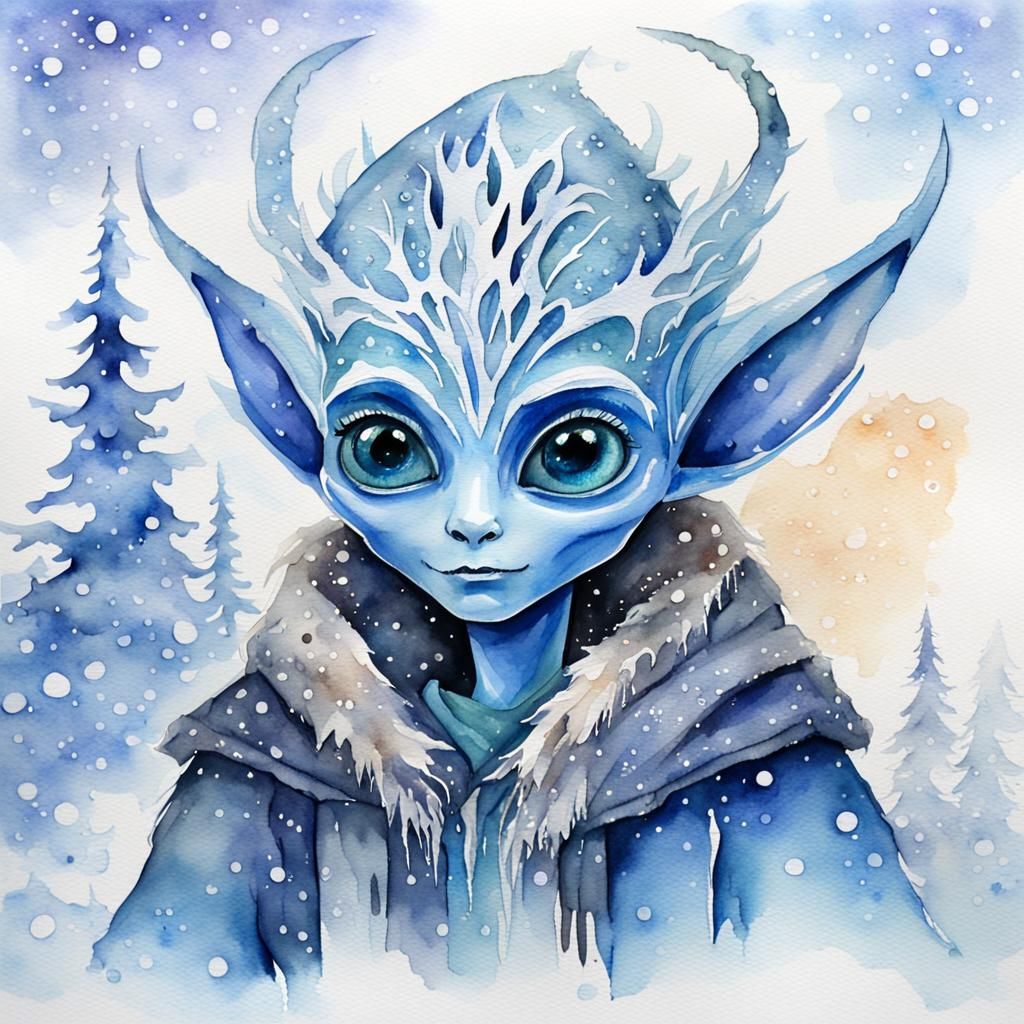 Frozen Winter Alien in Watercolor Style