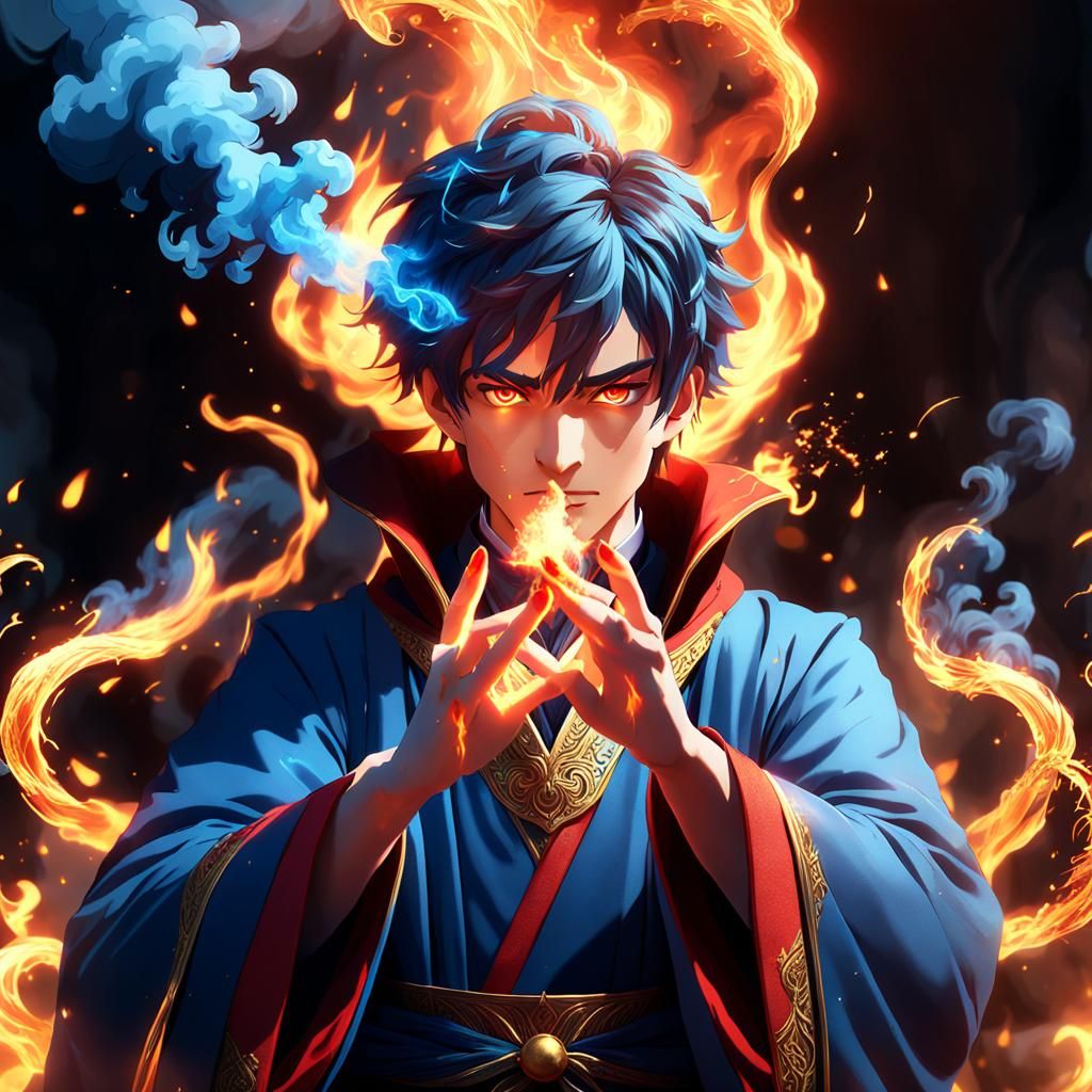 Young Magician Conjuring Flames: 3D Anime Art