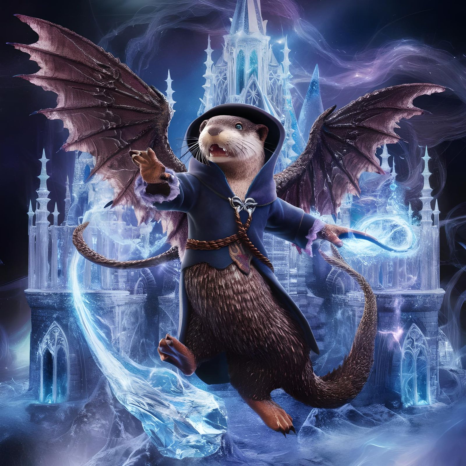 Dragon Otter Wizard Casts Ice Magic: Cosmic Illustration