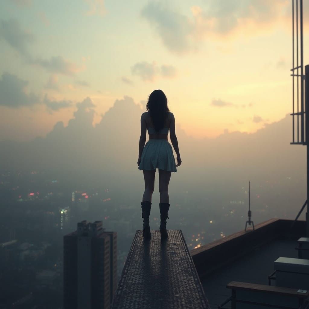 Surreal Rooftop View in Film Noir Cyberpunk Style