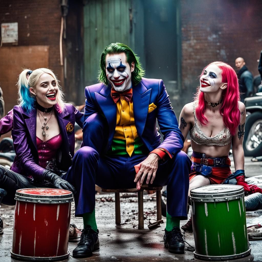 Hyperrealistic Gangster Joker Laughing with Gang