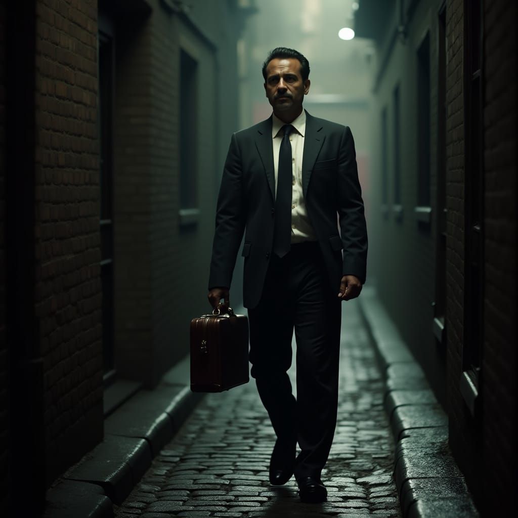 Noir Image of Indian Man in Rainy Alleyway