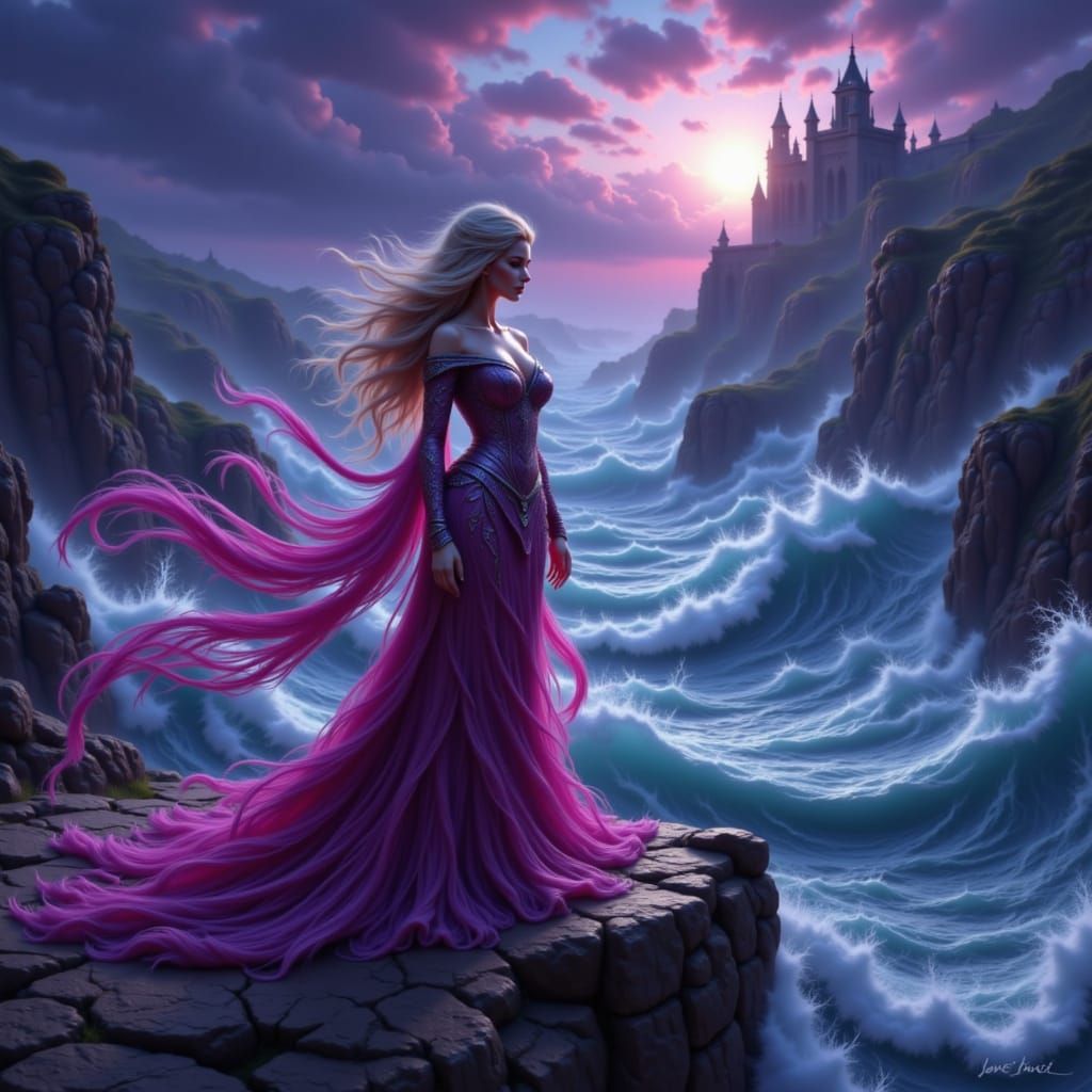 Milady de Winter on Windswept Battlement in Anime Style