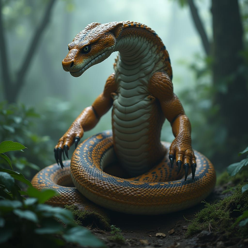 Majestic Serpent-Tiger Hybrid in Misty Jungle