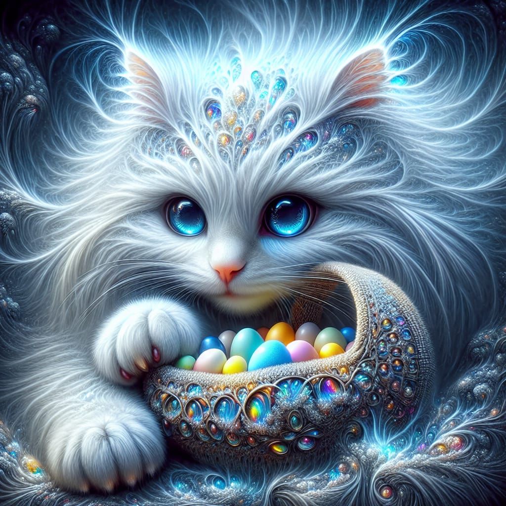 Rainbow Cat with Eggs in Mystical Fog