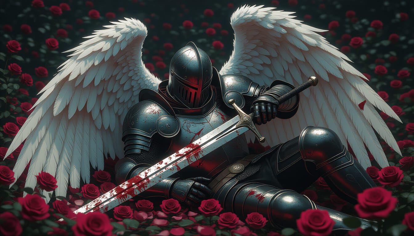 Fallen King in Rose Clearing: Hyperrealistic Dark Scene