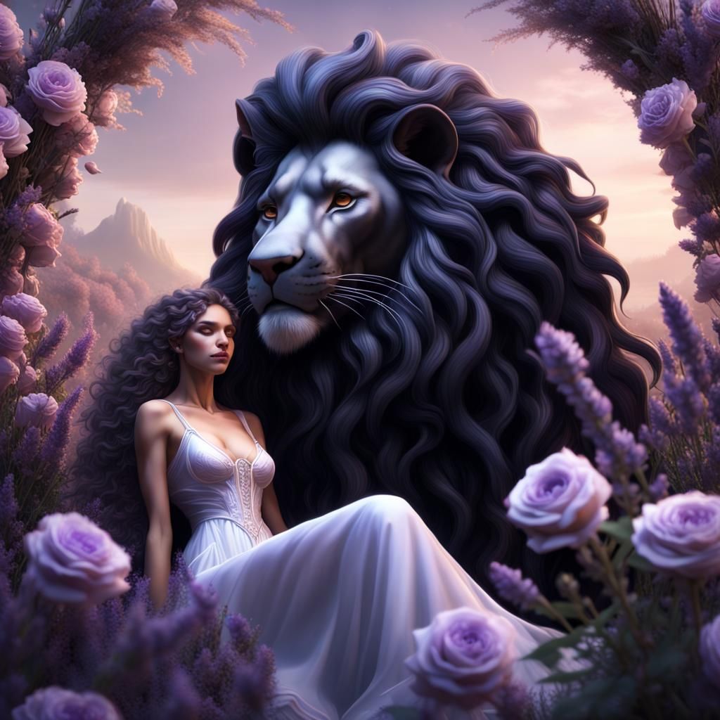 Black Lion Guardian Over Sleeping Woman