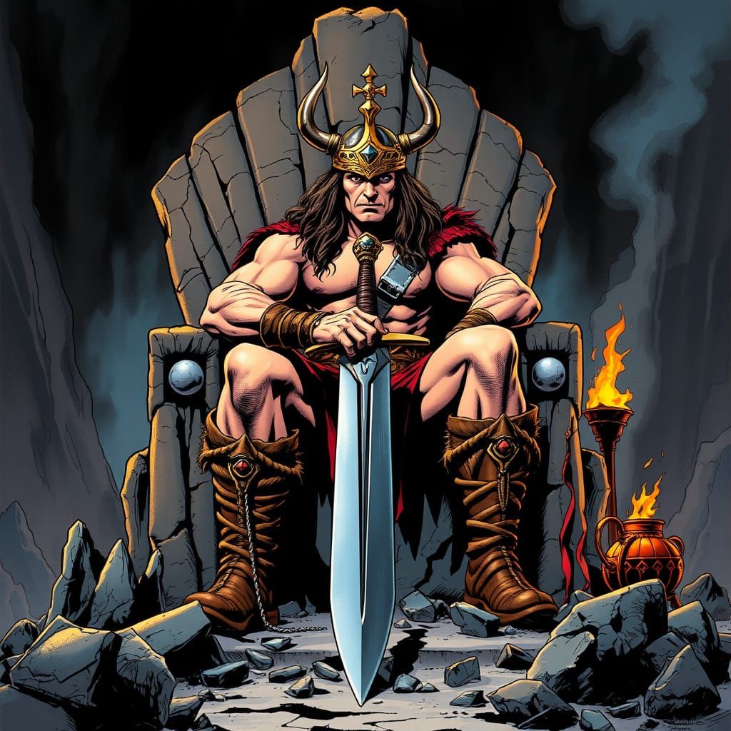 Conan the Barbarian on Throne in Comic Book Style