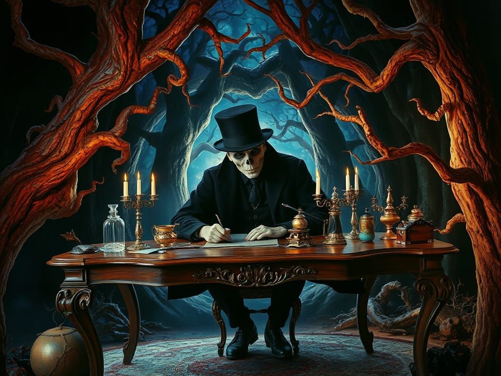 Surreal Godfather Death in a Dark Whimsical Forest