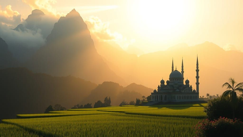 Mountain Landscape with Rice Fields and Mosque at Sunrise